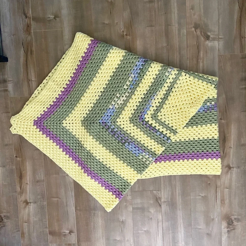 Beautiful Hand Crocheted Blanket Throw in Yellows, Greens and Blues